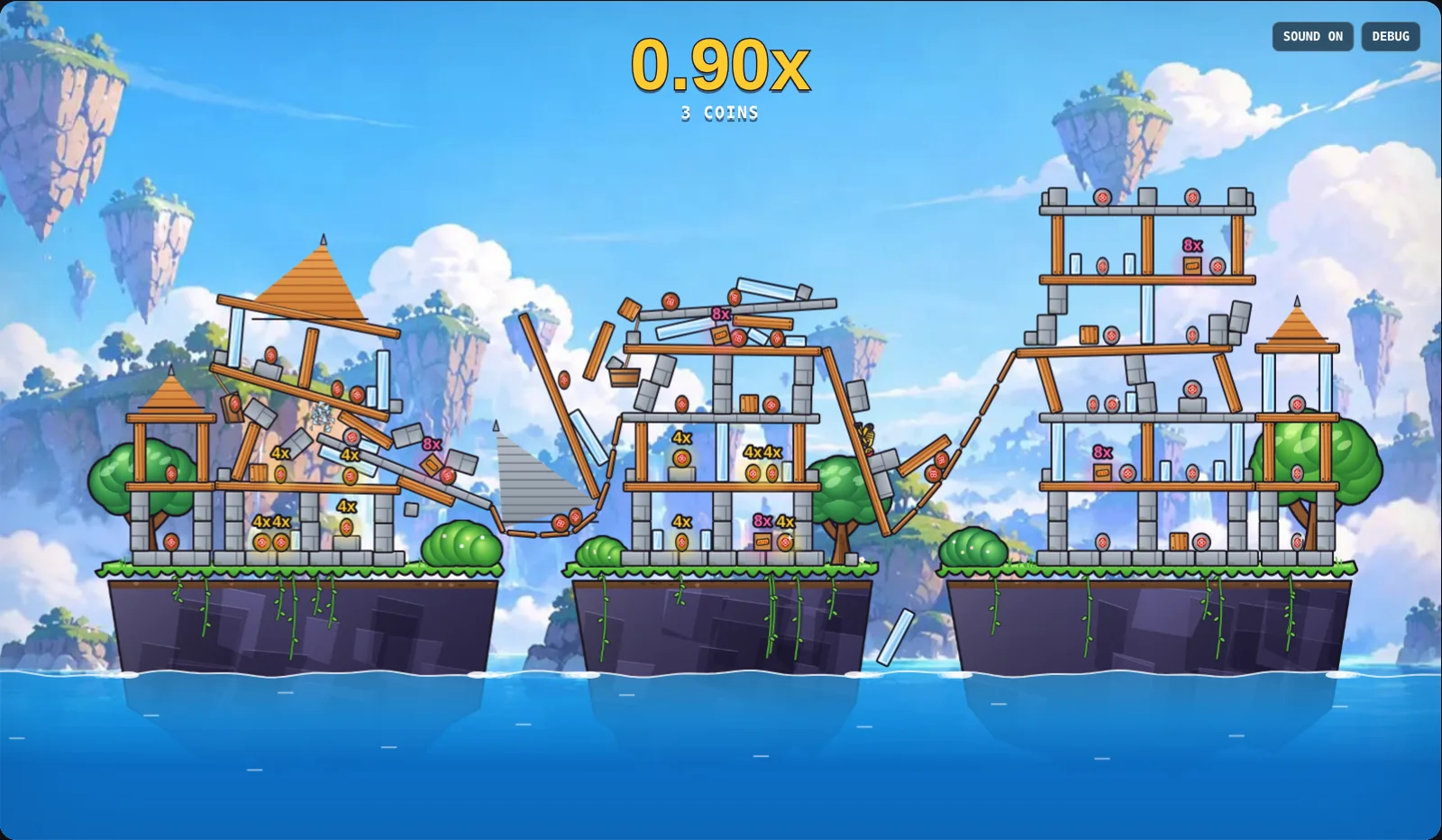 Three linked stone, wood and ice towers on islands in the sea, the middle one collapsing after a crash test dummy has smashed into it
