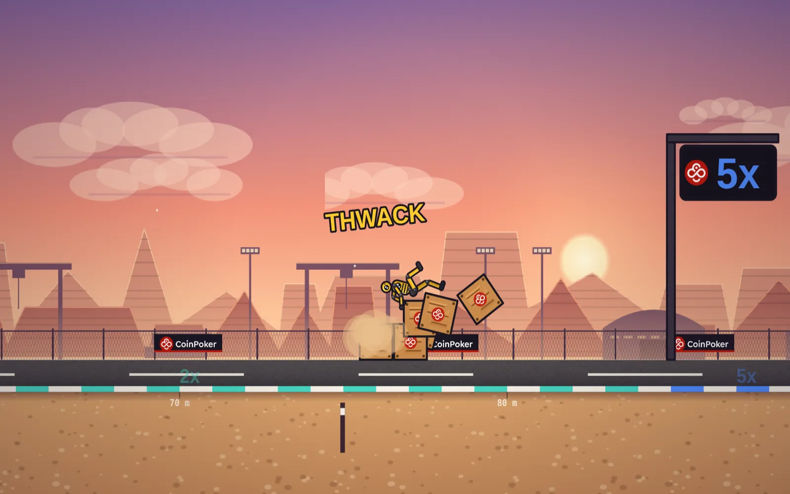 A crash test dummy smashing into a tower of crates on a desert test track at sunset