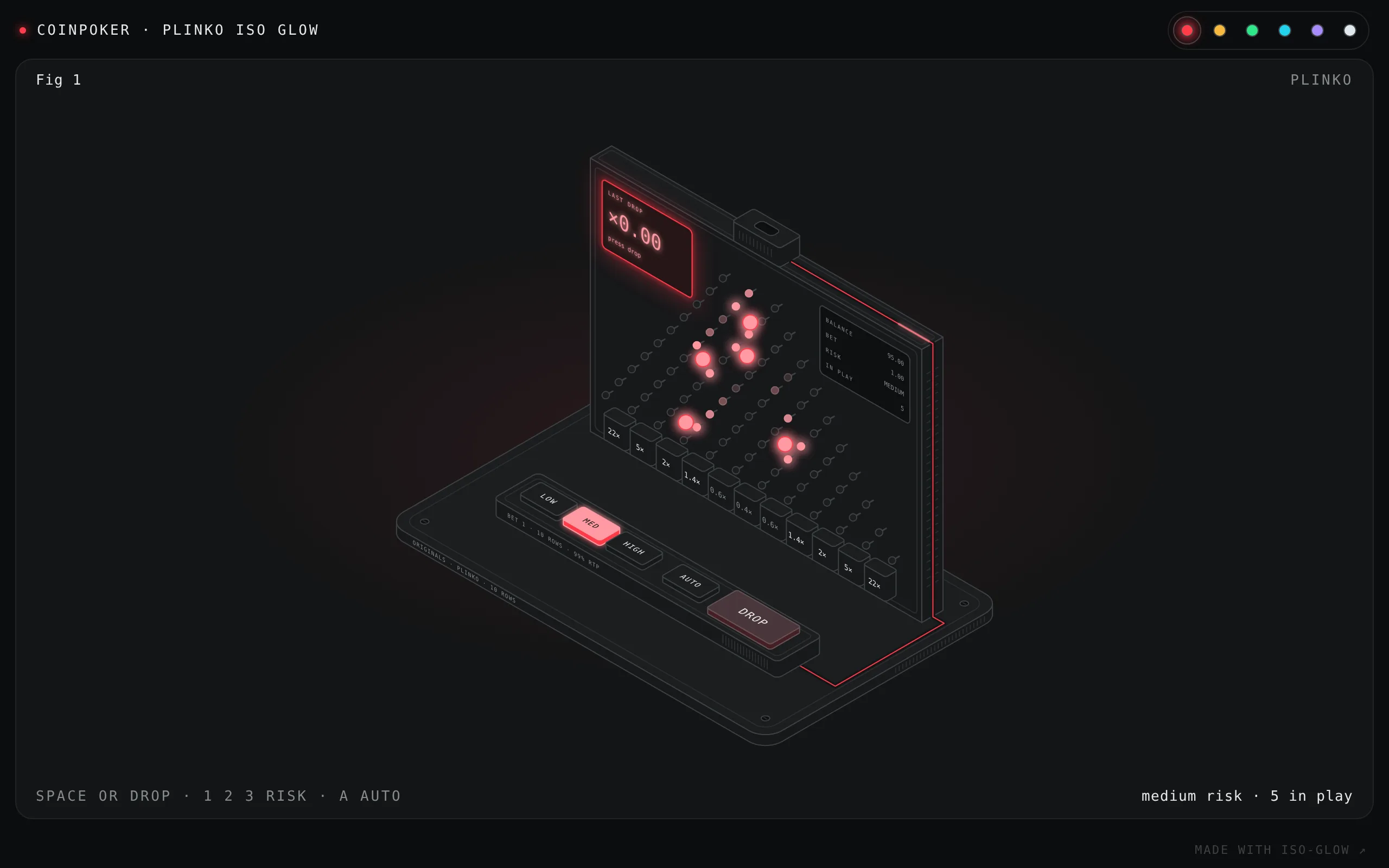An isometric line drawing of an upright Plinko board on dark grey, five glowing red balls bouncing down the pegs towards eleven multiplier slots, with a console of risk buttons and a drop button in front