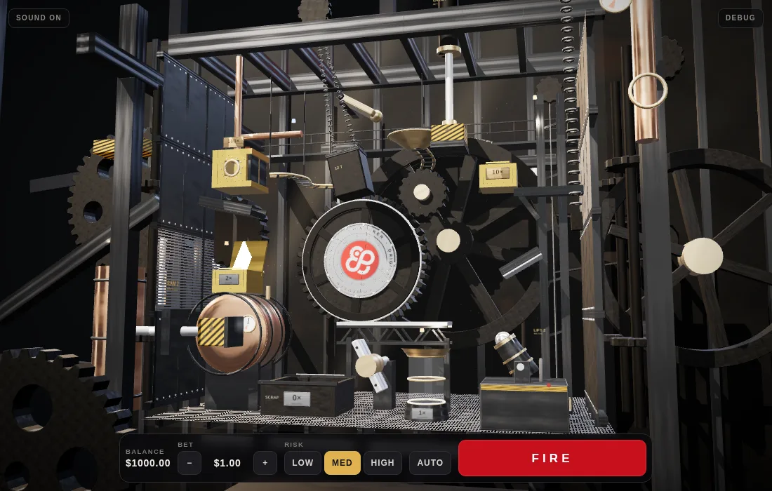 Ricochet, a chrome ball inside a giant working machine of gears, hammers and lifts