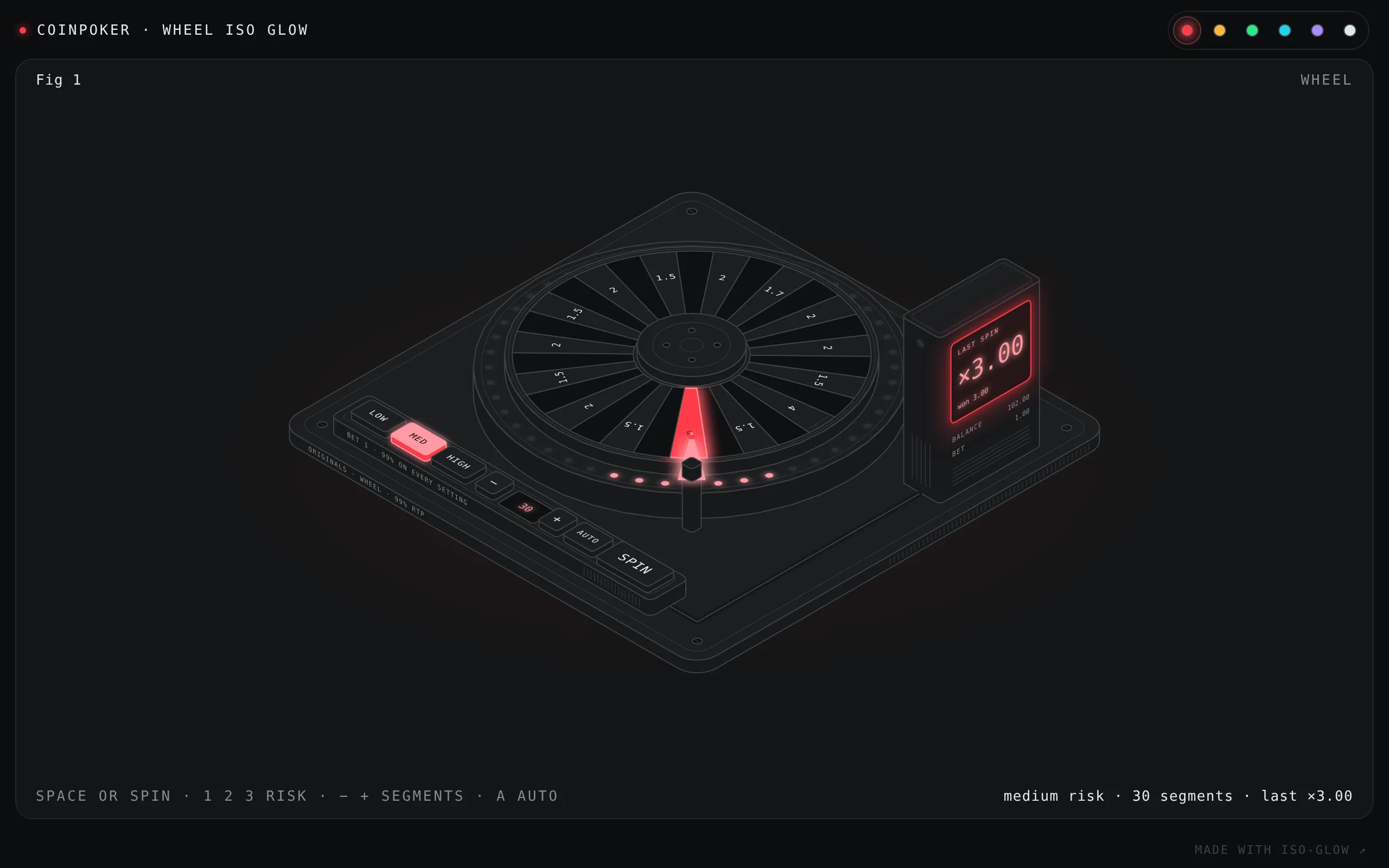 An isometric line drawing of a flat wheel with thirty segments on a round plinth, the winning segment at the front lit red under the pointer, with a display tower showing the multiplier and a console in front
